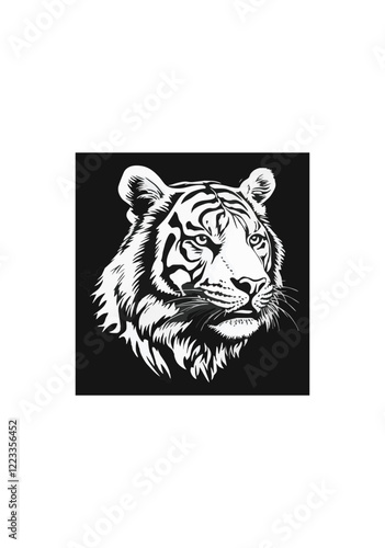 Dynamic Black and White Vector Illustration of a Tiger Head in Profile with Sharp Details and Stripes