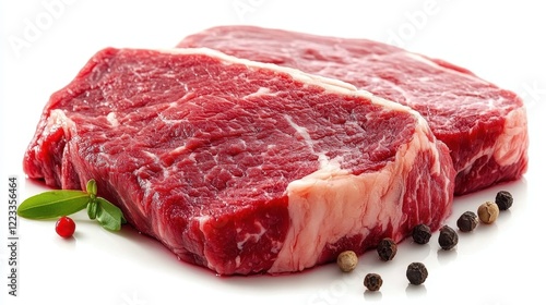 Fresh Raw Beef Steaks with Marbling and Seasoning on White Background