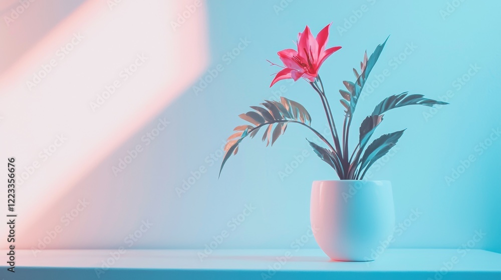 Single red flower in a white vase with soft pastel background Single red flower in a white vase with soft pastel background