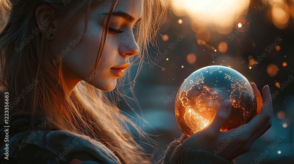 Naklejka premium A young woman gracefully holds an illuminated globe, representing global connection and inspiration, surrounded by an artistic atmosphere with soft, vibrant lighting.