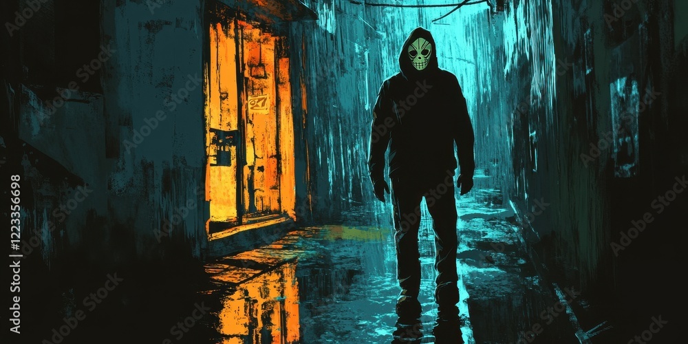 Masked Figure Stands in a Dark Alleyway at Night Masked Figure Stands in a Dark Alleyway at Night