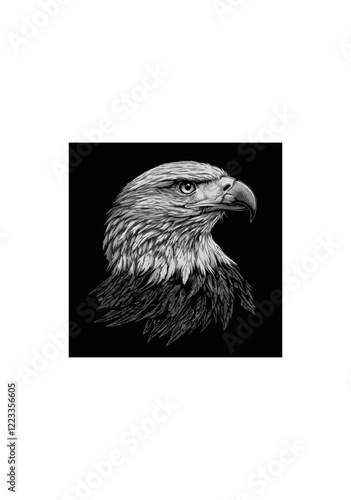 Realistic Black and White Vector Art of an Eagle Head with Dramatic Feather Details and a Focused Expression