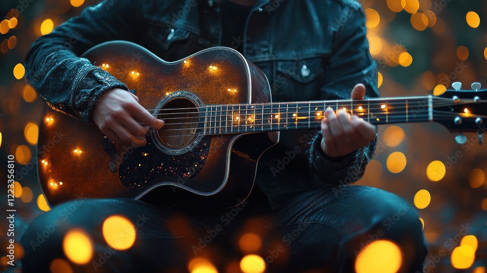 Obraz premium Acoustic Guitarist in a Magical Setting