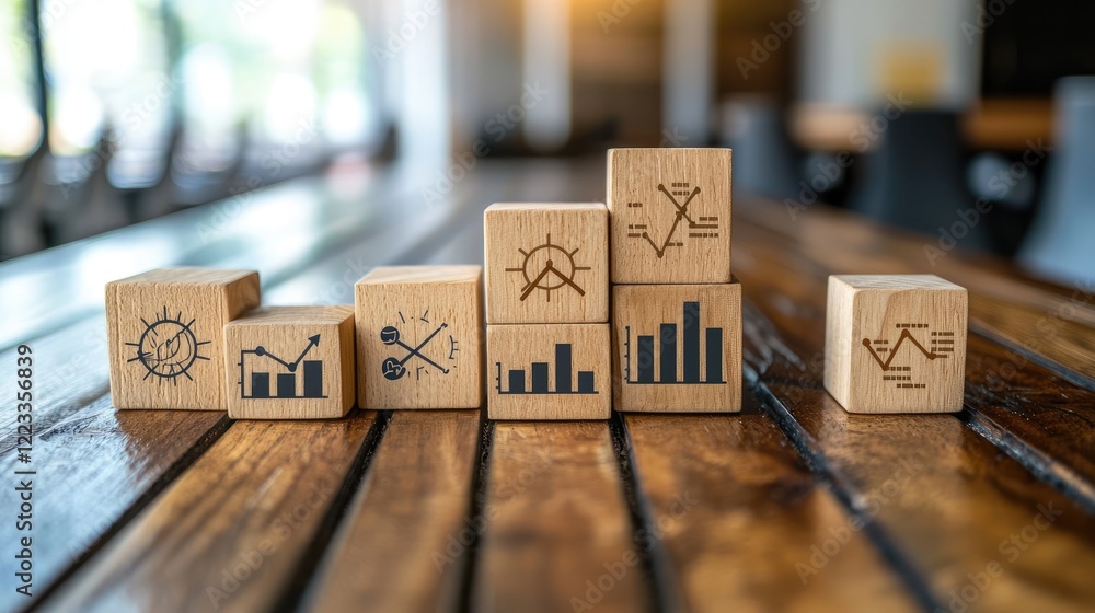 A collection of wooden blocks displaying financial symbols and growth charts arranged on a table, creating a conceptual setting for business, investment, and strategic pl A collection of wooden blocks displaying financial symbols and growth charts arranged on a table, creating a conceptual setting for business, investment, and strategic pl