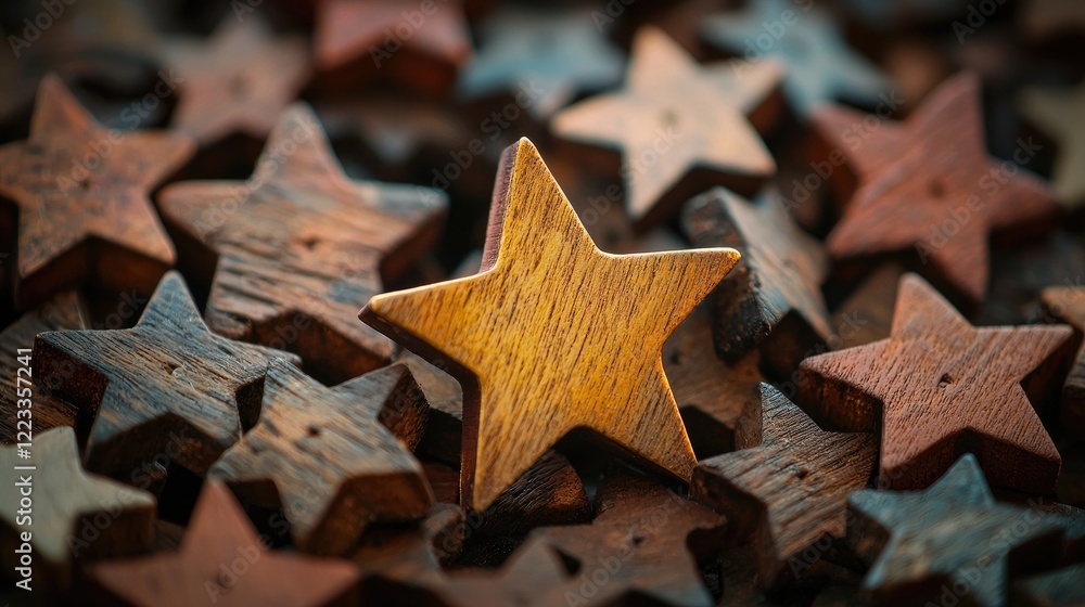 A captivating close-up image of wooden star shapes featuring one distinct gold star, set against a sea of vintage brown stars to create an artistic and charming compositi A captivating close-up image of wooden star shapes featuring one distinct gold star, set against a sea of vintage brown stars to create an artistic and charming compositi