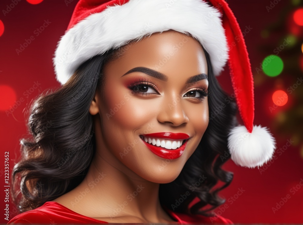 Smiling woman in Christmas hat with red lipstick and festive background celebrating the holiday spirit Smiling woman in Christmas hat with red lipstick and festive background celebrating the holiday spirit