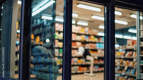 storefront showing a person in side of store and racks with various products