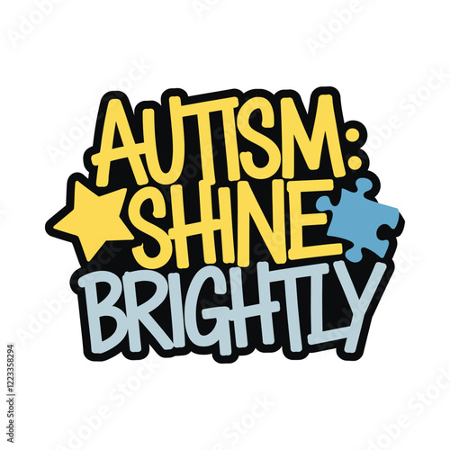 Autism Shine Brightly Typography Design with Puzzle Piece and Star Icon for Awareness