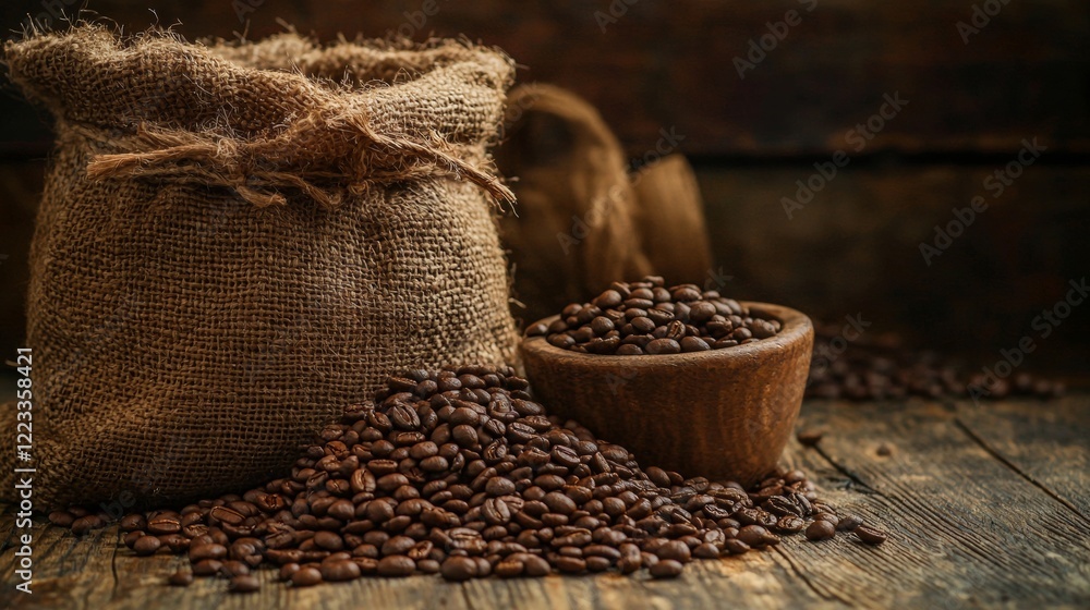 Obraz premium Sacks of coffee beans on a rustic wooden surface