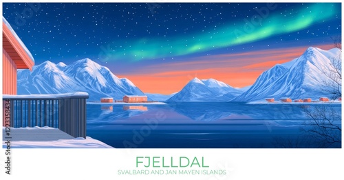 Fjelldal Svalbard and jan mayen islands Travel Poster Flat Illustration Print Decor Gift Canvas Wall Art photo