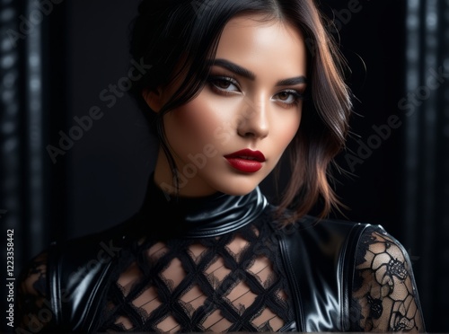 Striking portrait of a model in a black latex outfit with intricate lace detailing against a dark backdrop