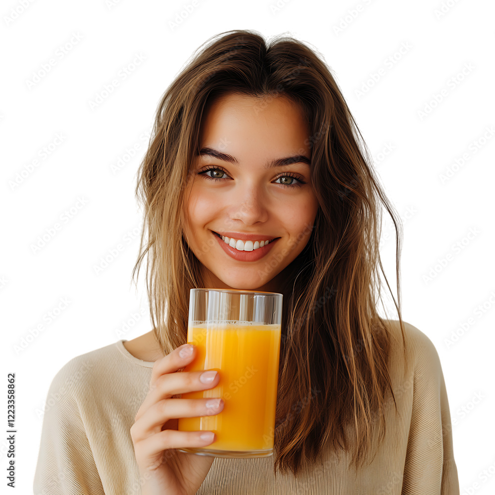 PNG Smiling Woman Holding a Glass of Orange Juice Against Transparent Background PNG Smiling Woman Holding a Glass of Orange Juice Against Transparent Background