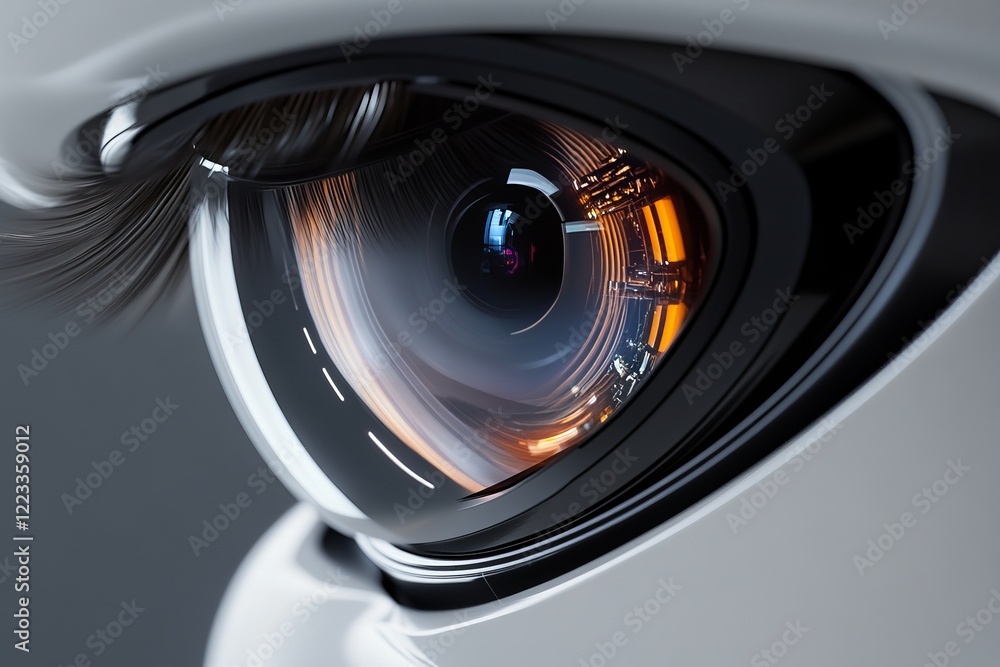 Close-up view of a futuristic robotic eye with intricate details showcasing advanced technology and vibrant colors