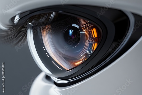 Close-up view of a futuristic robotic eye with intricate details showcasing advanced technology and vibrant colors