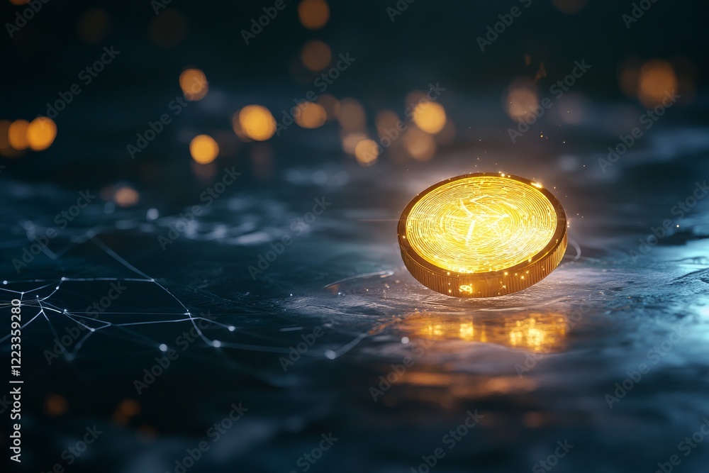 Bright golden coin spinning on a reflective surface with digital elements illuminated in the background