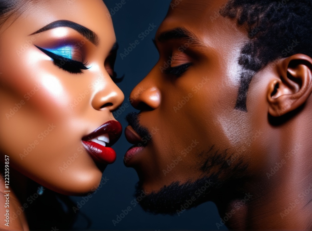 Close-up portrait of a couple sharing an intimate moment with vibrant makeup and dramatic lighting Close-up portrait of a couple sharing an intimate moment with vibrant makeup and dramatic lighting