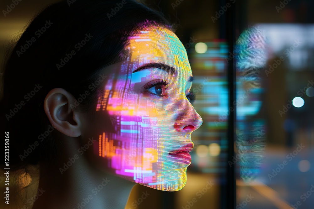 Woman with digital projection on her face during an evening urban setting highlighting technology and artistry in the modern world