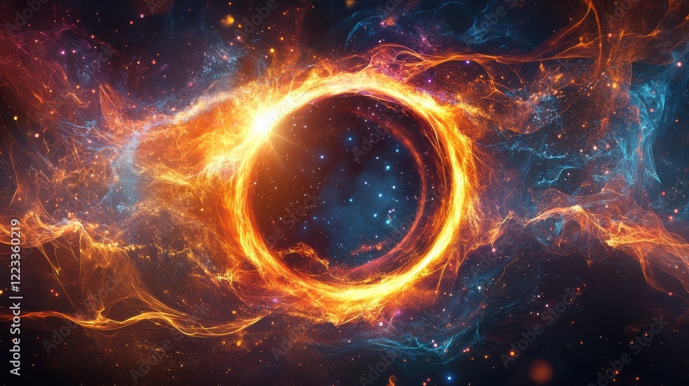 Stunning cosmic phenomenon with fiery plasma ring and distant galaxies in space Stunning cosmic phenomenon with fiery plasma ring and distant galaxies in space