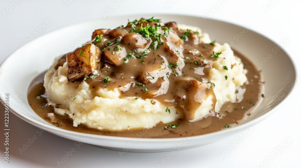 A portion of creamy mashed potatoes with gravy, placed on a clean white backdrop, A portion of creamy mashed potatoes with gravy, placed on a clean white backdrop,