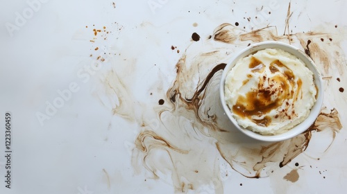 A portion of creamy mashed potatoes with gravy, placed on a clean white backdrop, photo