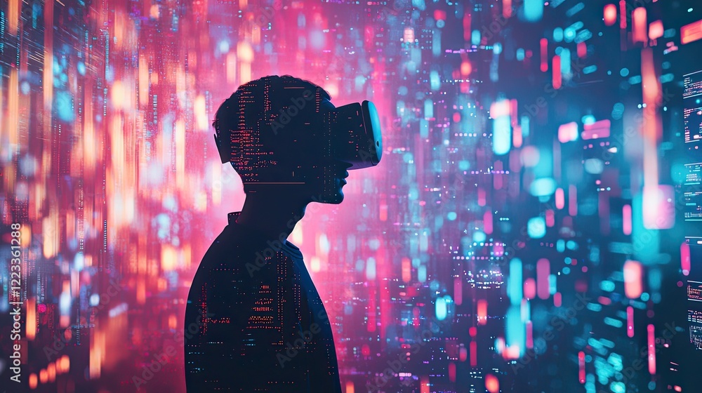 Fototapeta premium A person with a virtual reality headset stands in a captivating environment filled with abstract digital graphics and vibrant data visualizations, symbolizing cutting-edg