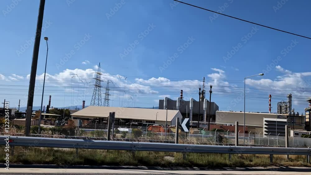 Industrial facility with metal structures and chimneys under a bright sunny sky Industrial facility with metal structures and chimneys under a bright sunny sky