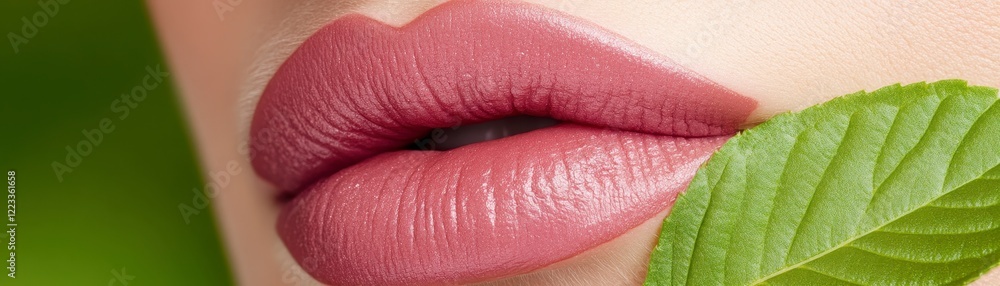 Fototapeta premium A close-up of soft, pink lips gently touching a green leaf, symbolizing beauty, nature, and sustainability.