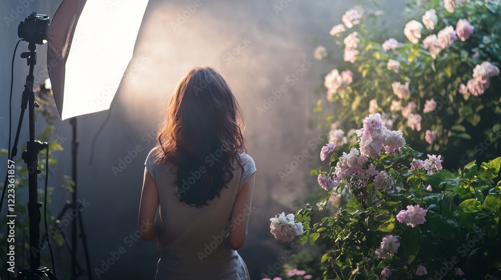 Woman in a garden with sunlight and blooming roses Woman in a garden with sunlight and blooming roses