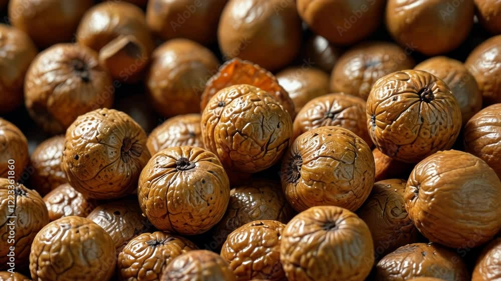 A close-up of numerous brown, textured seeds resembling small, intricate balls. A close-up of numerous brown, textured seeds resembling small, intricate balls.
