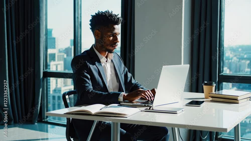 A confident young entrepreneur with a warm smile, works on his laptop in a modern office A confident young entrepreneur with a warm smile, works on his laptop in a modern office
