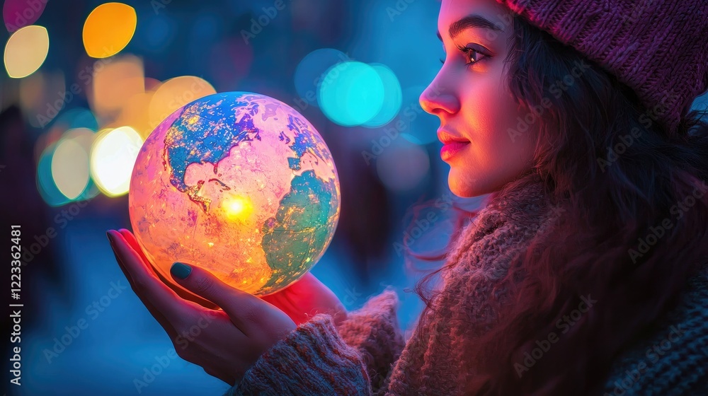 Naklejka premium Young woman holding illuminated globe symbolizing global connection and awareness in a vibrant, creative setting with soft lighting effects