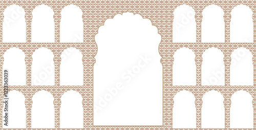 Set of windows Beautiful Arch small & Big Design with Indian Rajasthani fort and Culture. Wedding Backdrop & geometric. Abstract Indian floral rug design, Persian carpet, tribal texture, Vector file.