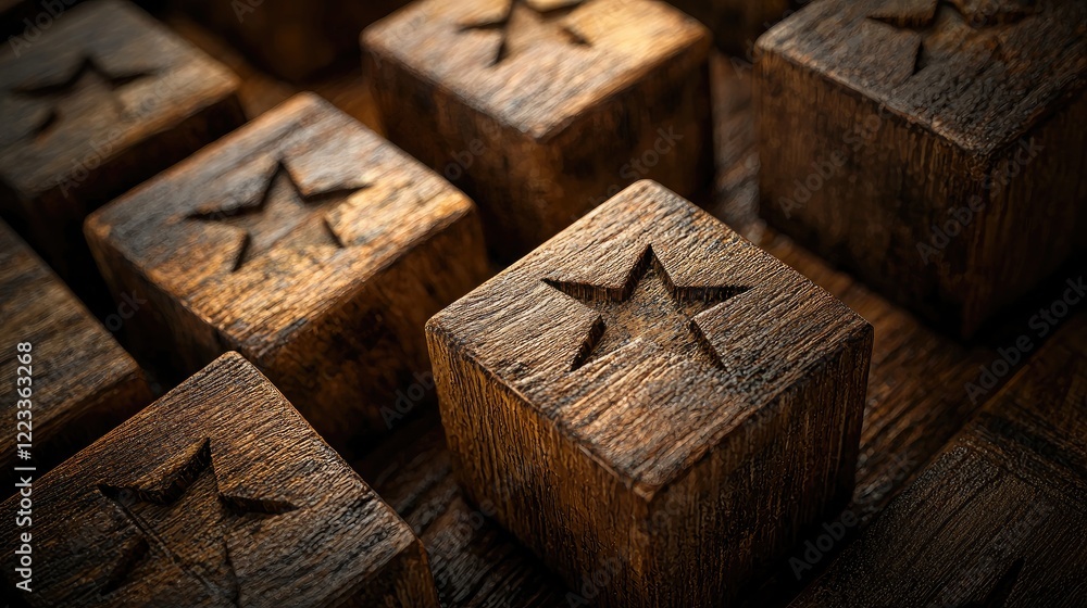 Close-Up View of Wooden Blocks with Star Imprints Highlighting Textures and Patterns in a Dimly Lit Setting for Creative Backgrounds and Designs