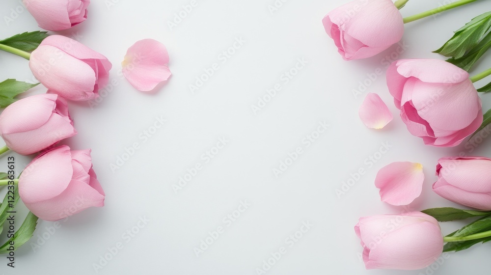 Elegant Pink Tulips Adorning A Soft White Canvas. Elegant Pink Tulips Adorning A Soft White Canvas.