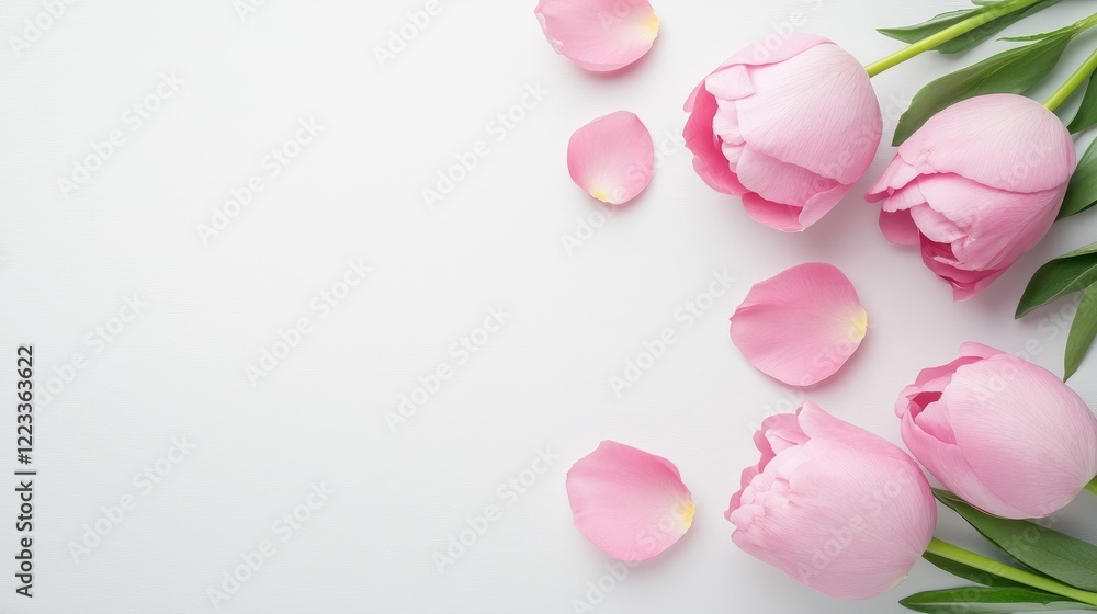 Soft Pink Tulips With Petals On A Blank Canvas. Soft Pink Tulips With Petals On A Blank Canvas.