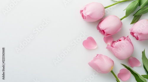 Pink Tulips And Heart-Shaped Petals On White Surface photo