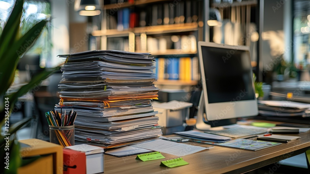 Cluttered Office Workspace with Stacked Papers and Computer in Modern Environment Highlighting Busy Work Atmosphere Cluttered Office Workspace with Stacked Papers and Computer in Modern Environment Highlighting Busy Work Atmosphere