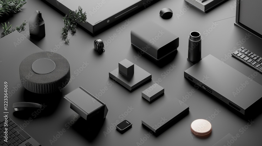 Minimalist black geometric objects arranged on a monochrome surface Minimalist black geometric objects arranged on a monochrome surface