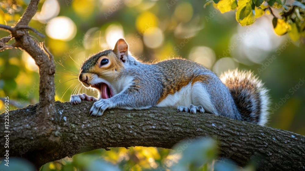 Yawning squirrel on tree branch in sunlit forest setting Yawning squirrel on tree branch in sunlit forest setting