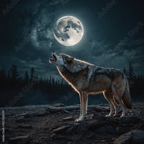 A wolf howling at a shattered moon. photo