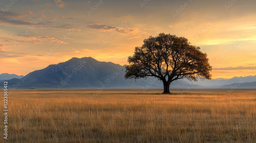Solitary tree at sunset in mountain valley, peaceful landscape, nature background, ideal for serenity Solitary tree at sunset in mountain valley, peaceful landscape, nature background, ideal for serenity
