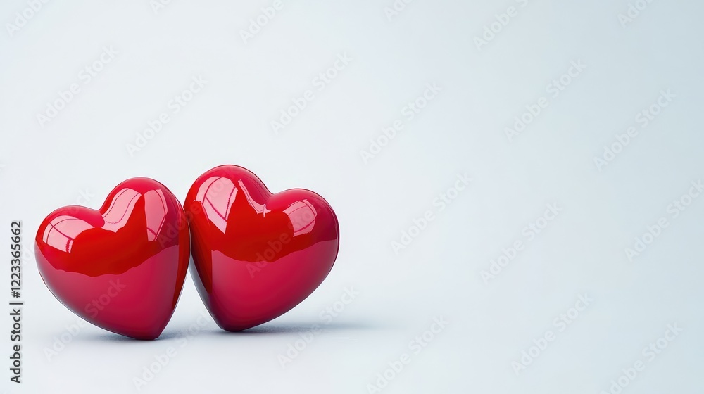 Fototapeta premium Pair Of Glossy Red Hearts On A Plain White Canvas