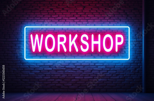 Neon Workshop Sign. Retro Glowing Pink & Blue on Dark Brick Wall photo