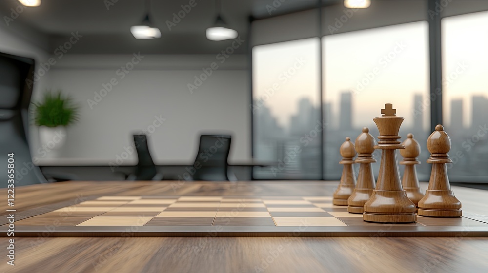 White chess pieces are meticulously positioned on a chessboard in a contemporary office environment, creating a focused atmosphere. White chess pieces are meticulously positioned on a chessboard in a contemporary office environment, creating a focused atmosphere.
