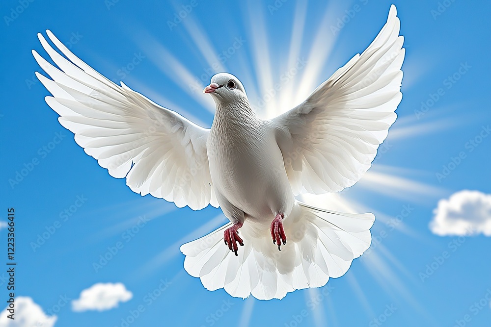 Fototapeta premium White dove flying in sky with sun rays