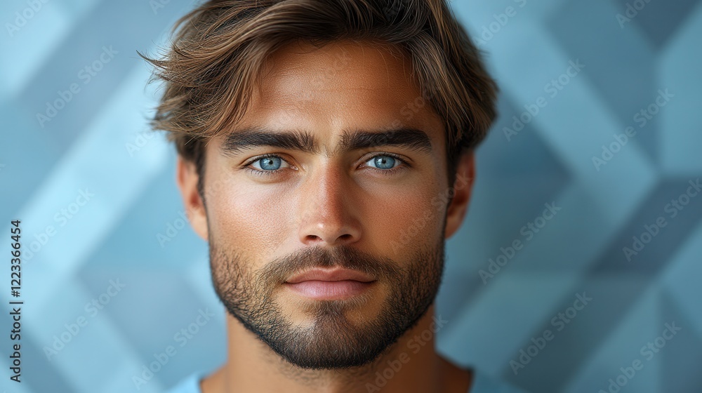 Obraz premium Young Man with Intense Gaze Against Geometric Background