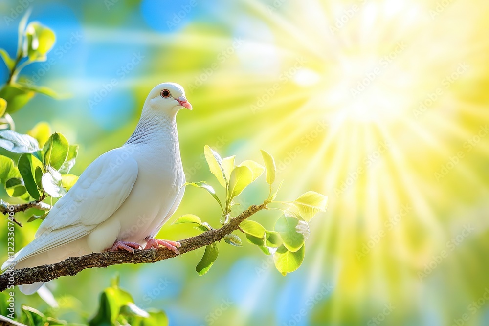 White dove sitting on a blossom tree branch White dove sitting on a blossom tree branch