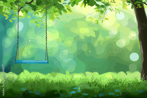 Solitary Blue Swing in Empty Park with Blurred Green Background