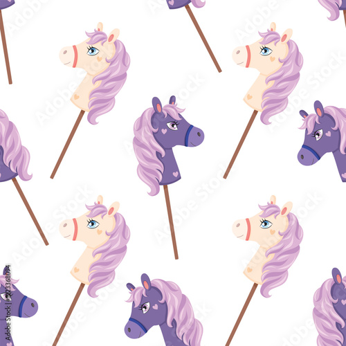 childish seamless pattern of adorable hobby horse with pink mane on stick on white background