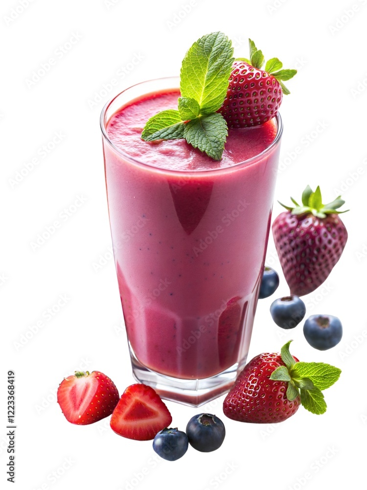 Refreshing berry smoothie with strawberries and mint served in a glass on a white background Refreshing berry smoothie with strawberries and mint served in a glass on a white background